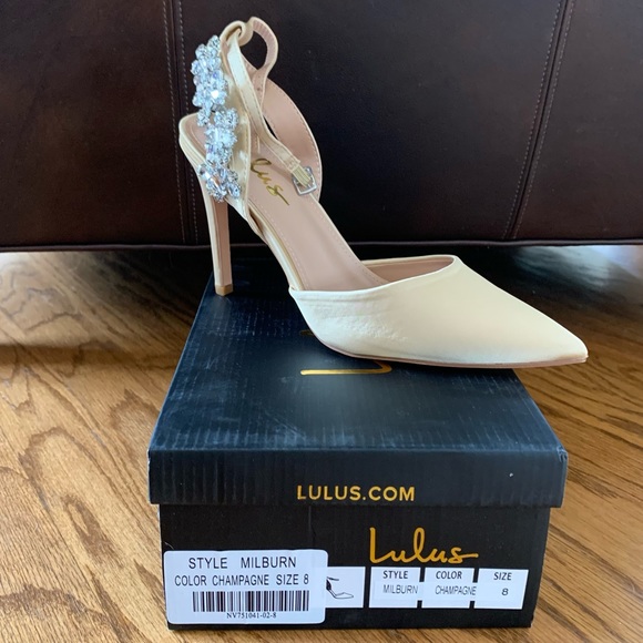 Lulus Milburn Champagne Satin Rhinestone Ankle Strap Heels - Size 8 - Picture 6 of 6